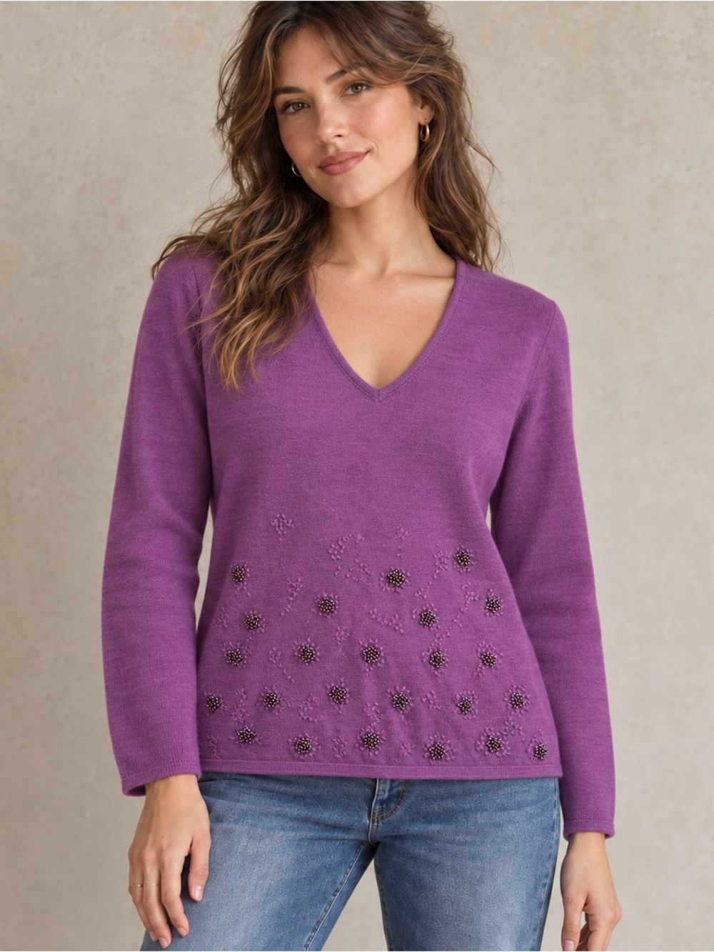 Woolmark Sweater embroidered and beaded detail XL Purple